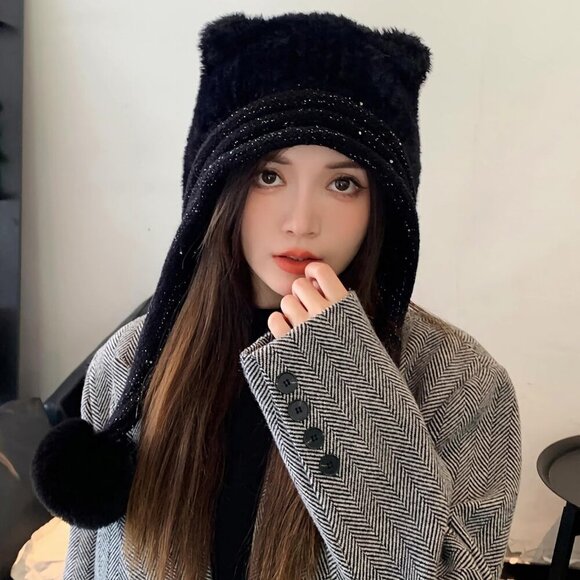 Women Black Winter Sherpa Beanie Hats Knit Ear Flaps Peruvian Cover Ears main image 9